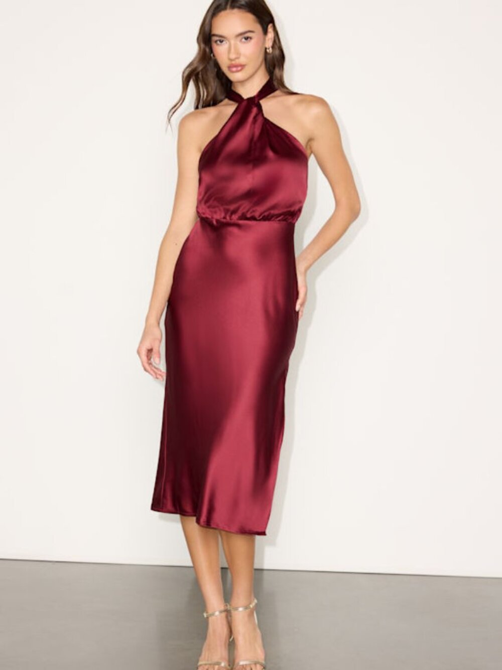 Lulus Jacey Burgundy Satin Halter Midi Dress Red - Size S
